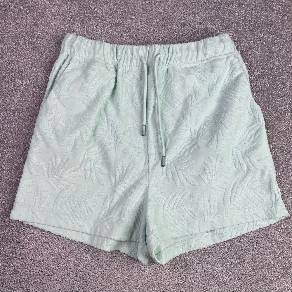 7 For All Mankind Shorts Women’s Small Mint Green Leaf Print Pull On Terry Cloth